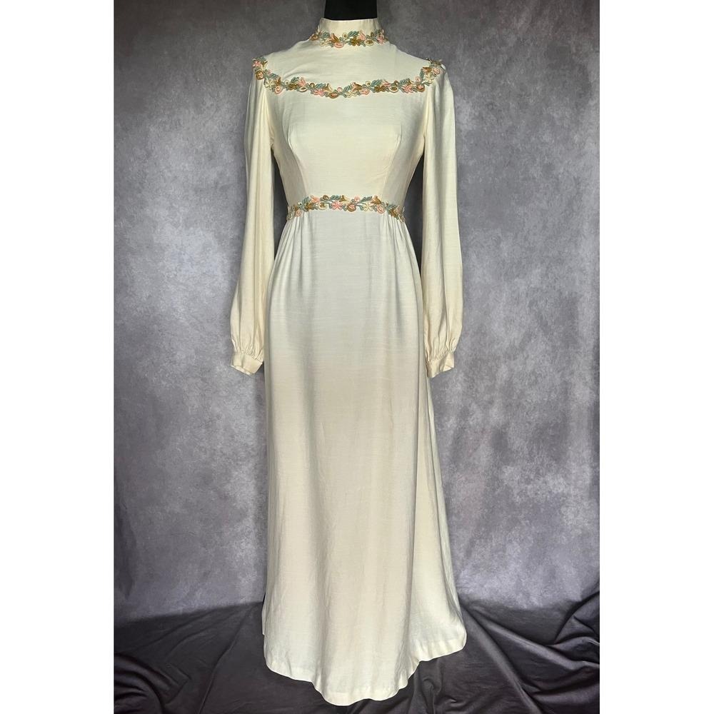 Vtg 60s 70s Maxi Dress Sm Yellow Floral Appliqué Cottagecore Boho Prairie Hippie